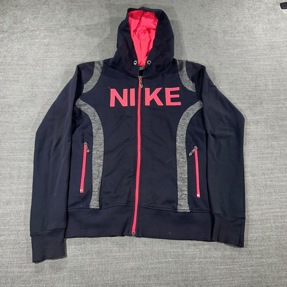 Nike Full Zip Hoodie Women Small Navy Pink Excellent Applique Logo Sportswear